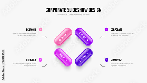 Consulting Performance Presentation Template Vector Illustration. Investor Proposal 4 Option Infographic Frame Layout. Modern Plan Four Step Diagram Slideshow Design.