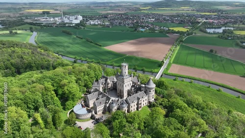 Aerial view of Marienburg Castle, a neo-Gothic castle in Pattensen, Hanover Region, Lower Saxony, Germany