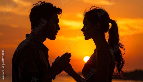 Silhouette of a Couple in Love at Sunset Romantic Scene with Orange Sky and Sun Flare Tender Moment Intimate Connection.