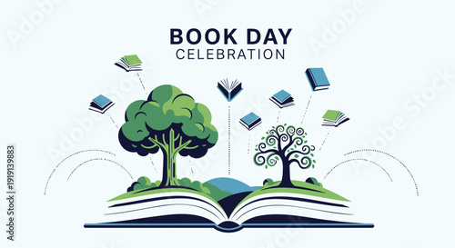 Book Day Celebration vector icon. Includes book, tree, reading, literacy, education, and library symbols. Created in colorful style with green and blue palette.