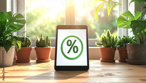 Tablet with Green Percentage Symbol Near Window and Plants for Eco Concept.