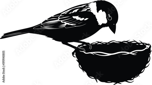 Serene Sparrow Silhouette: A sleek, dark sparrow perches delicately beside a woven nest, captured in a minimalist, elegant style. This image would be perfect for design project.