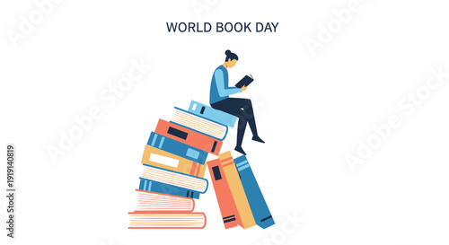 World Book Day icon with person reading on stack of books, literacy symbol.