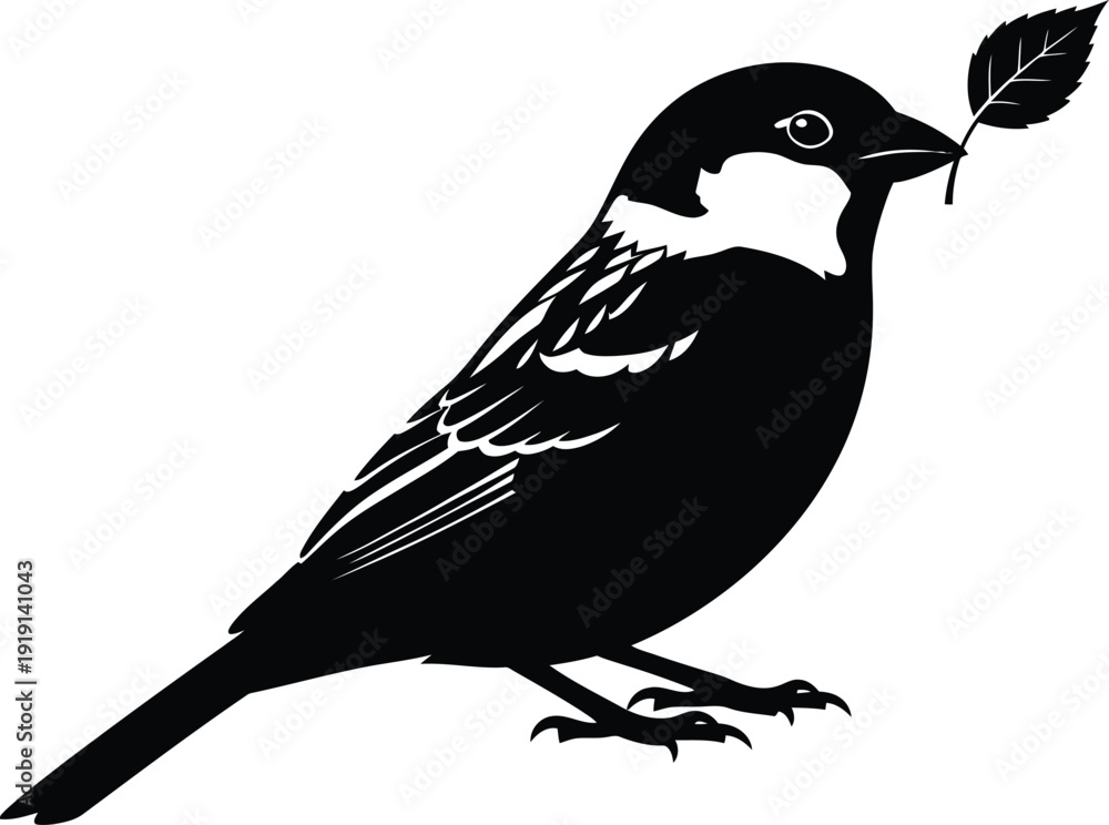 Obraz premium Harmony Bird: A graceful bird of peace holding a delicate leaf in its beak, a symbol of serenity and connection to nature.