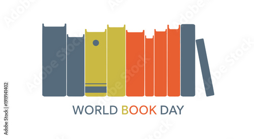 World Book Day icon collection. Includes book, reading, literacy symbols. Created in colorful style with blue, orange, gray palette.