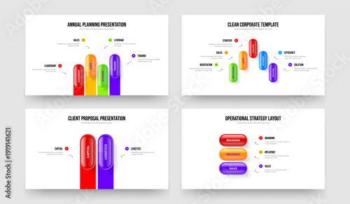 Corporate Profile Four Five Two Three Step Infographic Slideshow Layout Vector Illustration Set. Company Portfolio 4 5 2 3 Option Diagram Frame Template Collection.