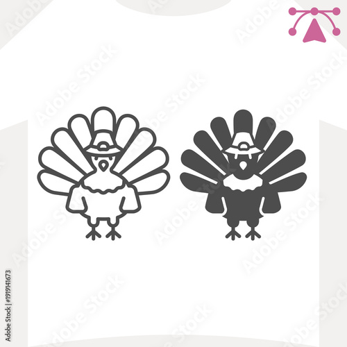 Turkey with spread tail and farmer hat line and solid icon, thanksgiving day concept. Vector graphics. Turkey bird sign and editable stroke, outline style icon for mobile or web design.