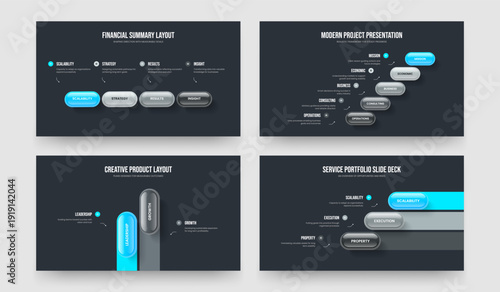 Digital Visualization 4 5 2 3 Step Infographic Presentation Design Collection. Advertising Forecast Four Five Two Three Element Diagram Slide Layout Vector Illustration Bundle.