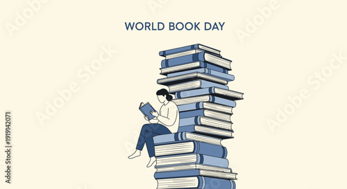 Vector illustration of a person sitting on a stack of books, reading on World Book Day.