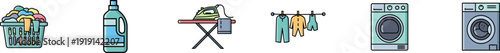 Set of home laundry icons with washing machine and dryer