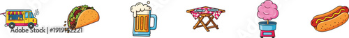 Collection of colorful street food and outdoor fair icons including a food truck, taco, and hot dog.