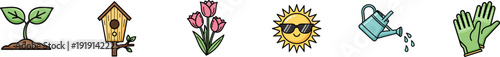 Collection of colorful spring gardening icons including a birdhouse, tulips, and a smiling sun with sunglasses.