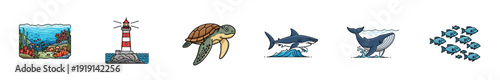 Nautical and marine life illustrations with lighthouse and sea animals