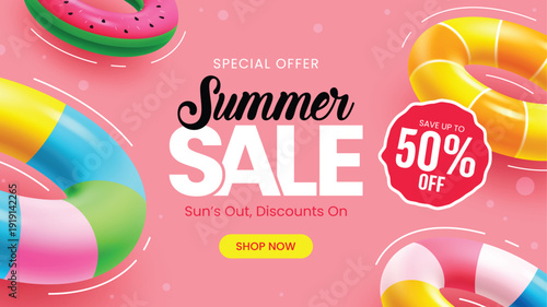 Summer sale vector banner design. Summer sale with 50% text special offer advertisement discount on tropical pink background. Vector illustration summer sale promotion.  

