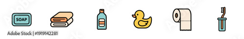 Set of bathroom and hygiene icons including soap towel and duck