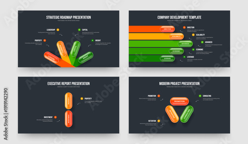 Marketing Profile Four Five Two Three Option Diagram Slideshow Layout Vector Illustration Bundle. Modern Briefing 4 5 2 3 Element Infographic Presentation Design Set.