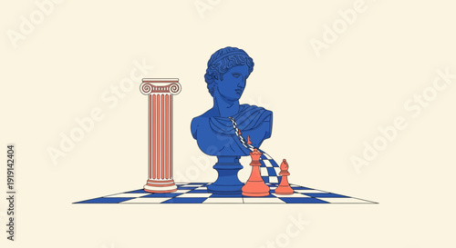 Ancient wisdom and strategic thinking artwork featuring bust chess column and chessboard