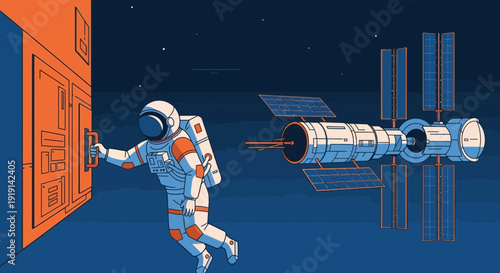An astronaut in a spacesuit attempting to enter a space station in deep blue space