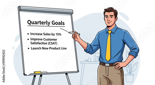 Animated Businessman Presenting Quarterly Goals on a Whiteboard with Sales Strategy