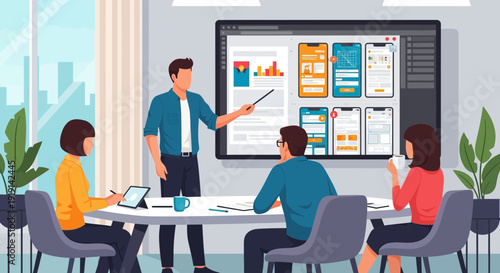 App Development Team Meeting: Collaborative Discussion and Design Presentation in an Office Setting