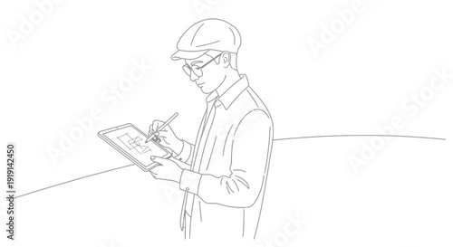 Architect sketching building plans on a tablet in nature with a minimalist design style