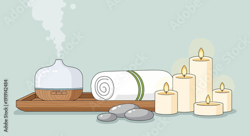 Aromatherapy and Wellness Spa Scene with Diffuser Towel Candles and Stones for Relaxation