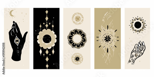 Five vertical panels featuring ornate mystical bohemian designs in gold and black