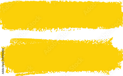 Two yellow brush strokes set with textured edges on transparent background vector illustration