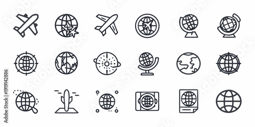 Collection of travel and communication icons in a linear style