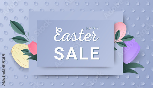 Easter sale background illustration in soft layered paper cut style with decorative eggs and spring elements. Ideal for seasonal promotions, retail advertising, social media campaigns, banners,