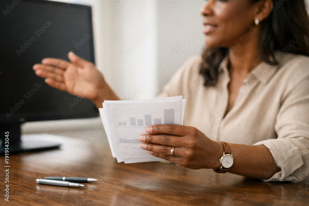 Fototapeta premium Businesswoman holding charts presenting data analysis in office setting