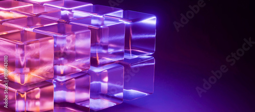 Abstract neon background, glowing glass cubes. 3D rendering.