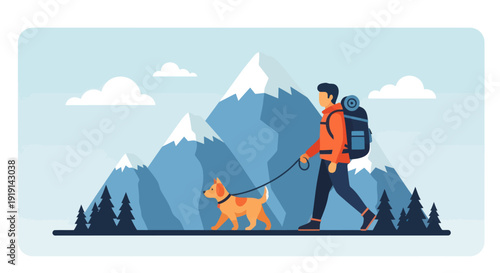 Man Hiking with Dog in Snowy Mountains - Outdoor Adventure