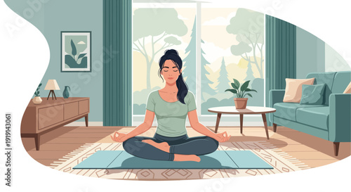 Woman meditating peacefully in a cozy living room, practicing yoga for wellness