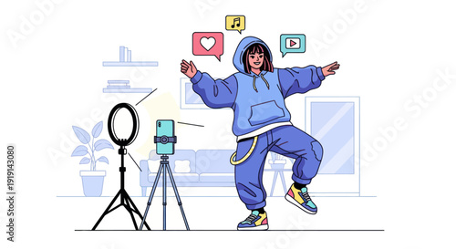 Young influencer dancing for social media video with ring light and phone on tripod