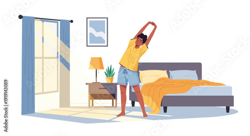 Man stretching in bedroom morning sun awake healthy lifestyle