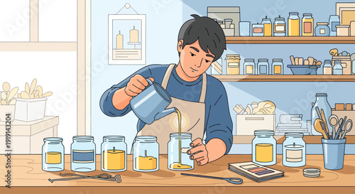 Man pouring wax into jar to make candles, crafting hobby, homemade candles, artisanal production