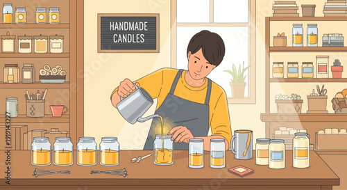 Artisan pours wax into candle jars in a cozy, handmade candle workshop, creating crafts.