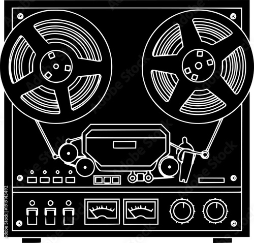 Flat design black silhouette vector icon of vintage reel-to-reel tape recorder for audio recording and music playback isolated on white background
