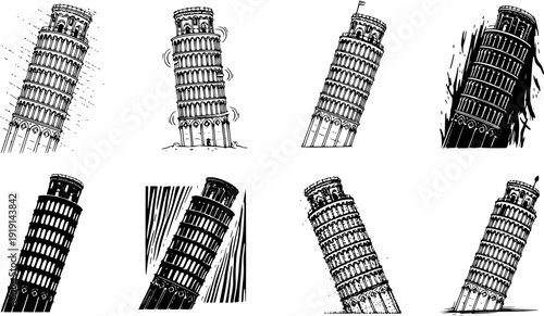 Eight black and white illustrations of the Leaning Tower of Pisa in various tilt angles and styles on a isolated on white background

