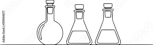 Three different laboratory flasks or bottles with stoppers in one line art style. Drawing with editable black stroke on a white background.