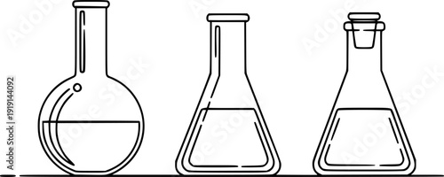 Three different laboratory flasks or bottles with stoppers in one line art style. Drawing with editable black stroke on a white background.