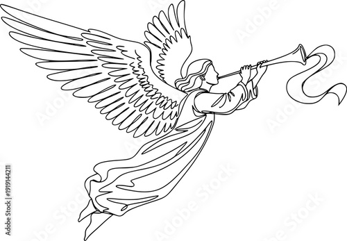 An angel with large wings flying and blowing a long trumpet, symbolizing good news, Christmas, divine proclamation, and spirituality. Drawing in one line art style with editable black stroke.