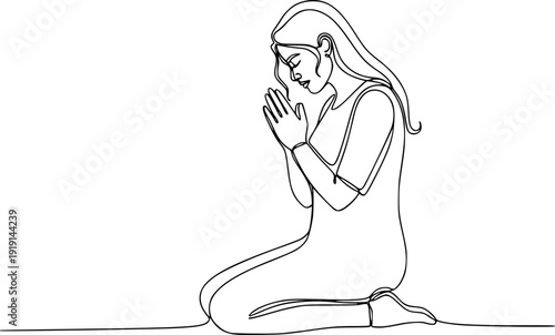 A woman kneeling in a prayer pose, symbolizing faith, humility, spirituality, and hope. Drawing in one line art style with editable black stroke.
