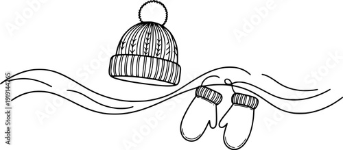 A winter knitted hat with a pom-pom and a pair of mittens on a wavy line, symbolizing warmth, winter holidays, and cozy warm clothing.