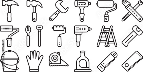 Collection of various black and white construction and repair tools