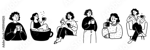 Hand drawn doodle set of woman enjoying hot tea or coffee in cozy relaxing moments black and white illustration collection