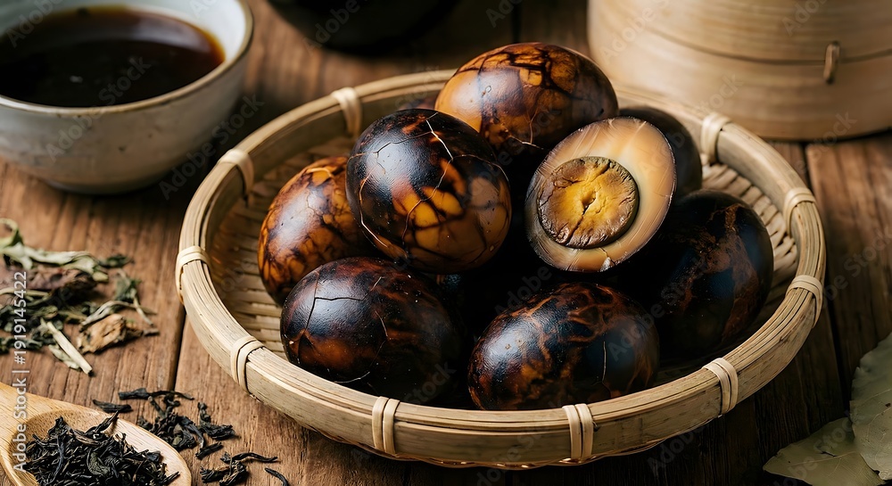 Obraz premium Traditional Asian soy sauce marinated eggs in rustic bowl with spices on wooden table