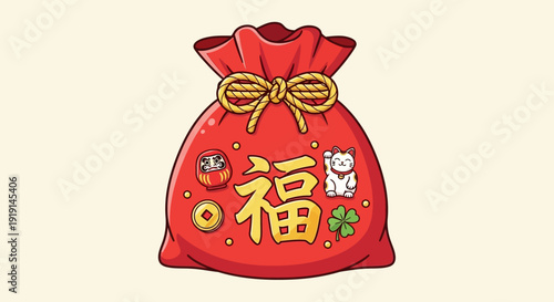 Red lucky money bag with Chinese fortune symbols and kawaii characters.