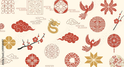 Seamless pattern of traditional Chinese New Year and auspicious cultural symbols.